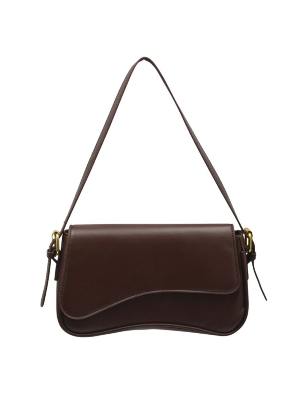 Brown Faux Leather Shoulder Bag Gold Buckle Curved Flap 90 Aesthetic Retro